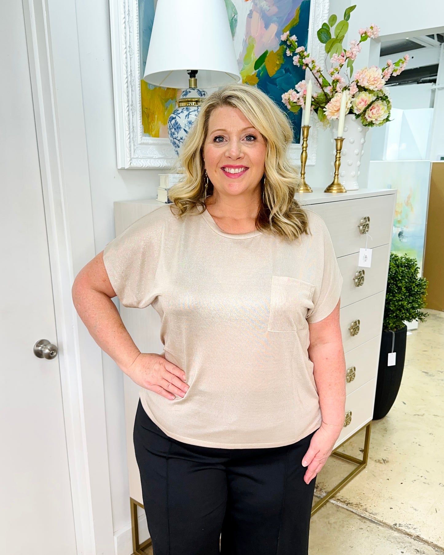 Plus Shimmer Short Sleeve Top Champagne
