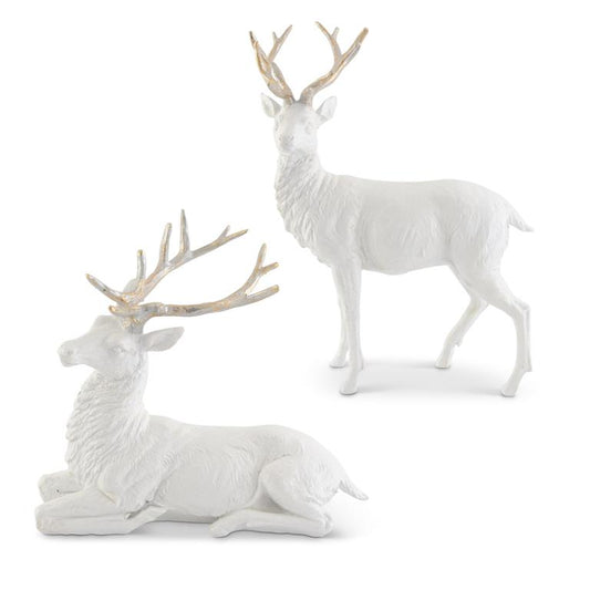 Set of 2 White Glittered Resin Deer w/Gold Antler