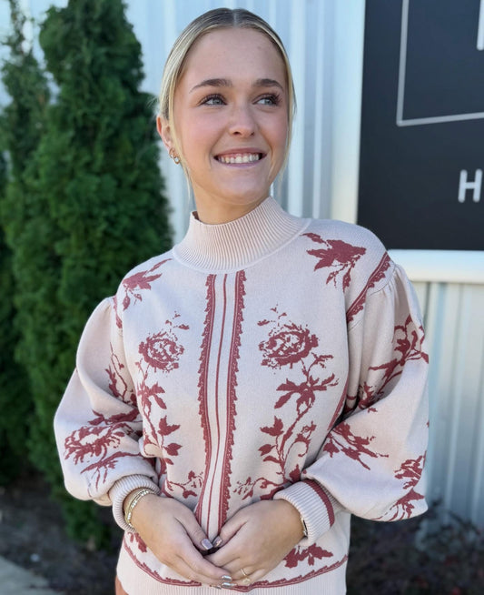 Red & Cream Balloon Sleeve Sweater