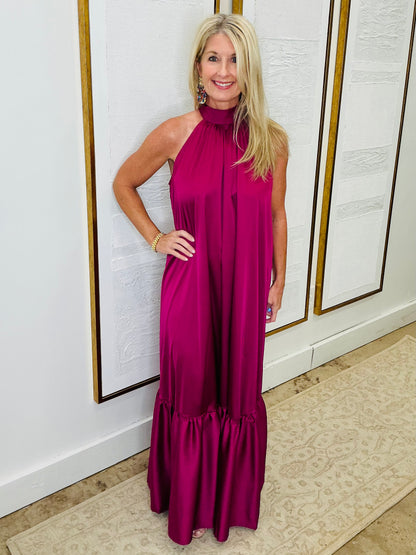 Pink Satin Halter Maxi Dress