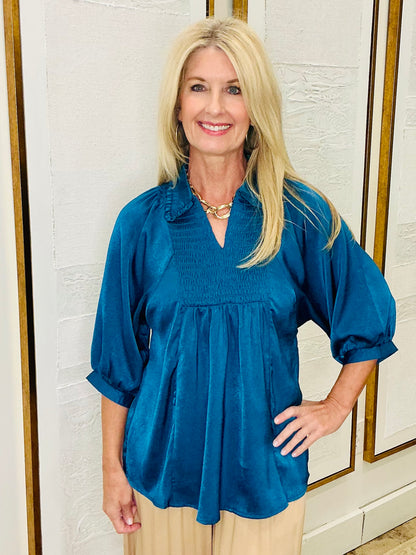 Satin V Neck Blouse Teal