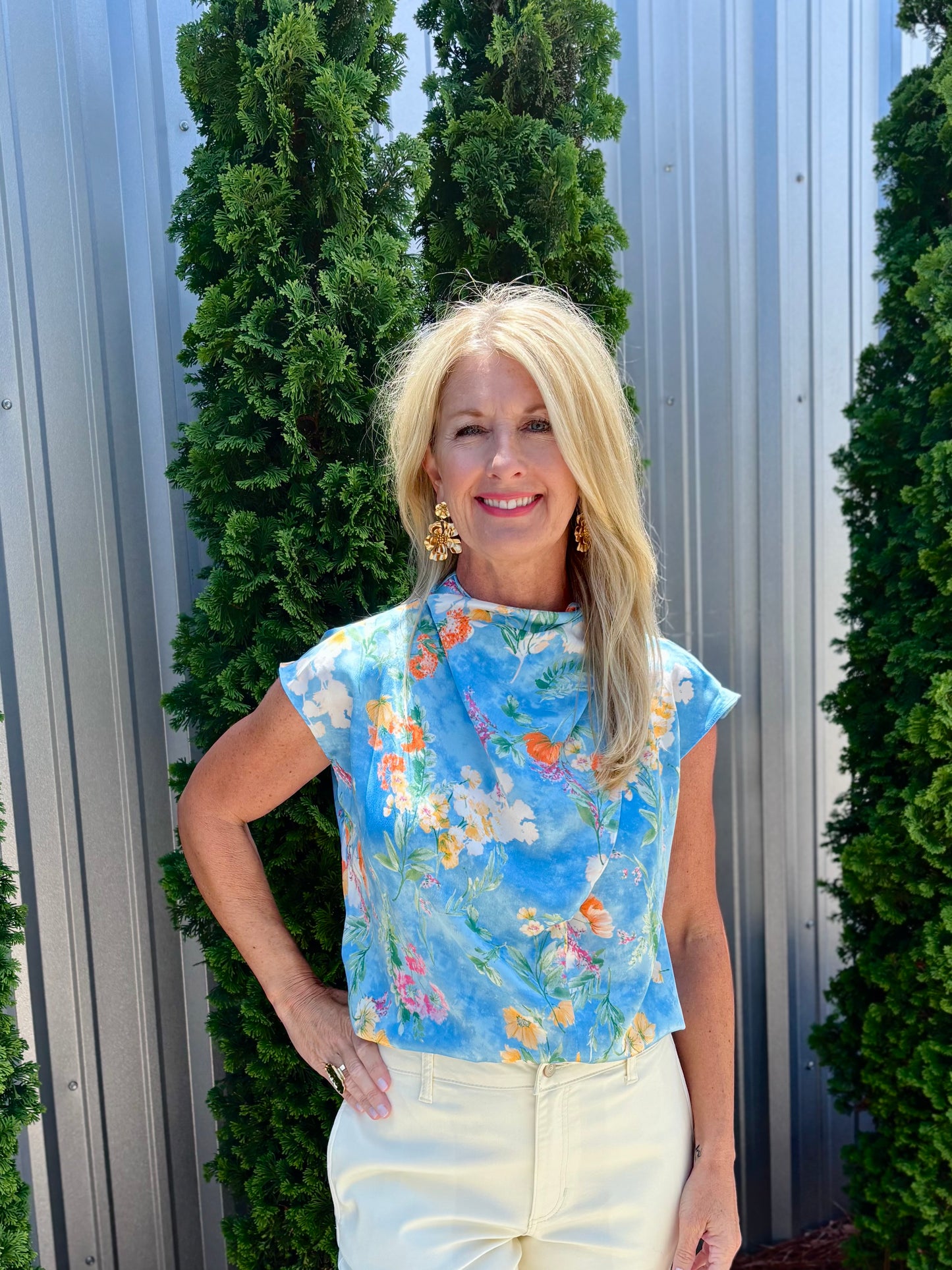 Blue Satin Floral Top