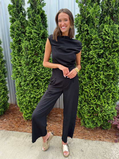Black Ruched Top and Pants Set