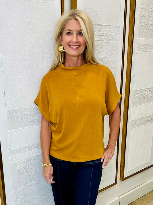 Mock Neck Sort Sleeve Top Mustard