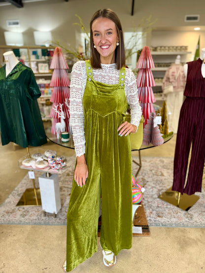 Green Velvet Wide Leg Overalls