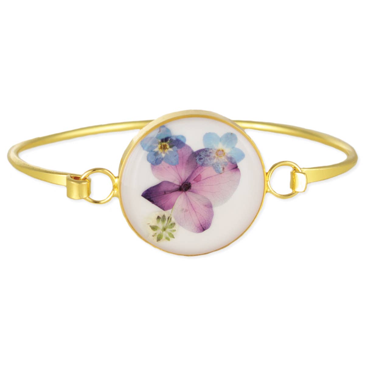 White Posy Purple Dried Flower Gold Cuff Bracelet