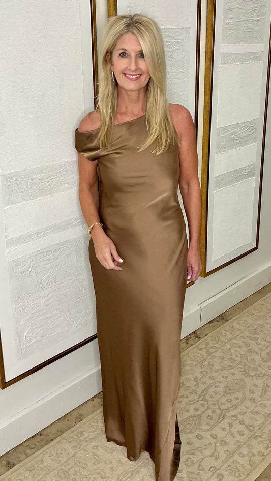 Mocha One Shoulder Satin Maxi Dress