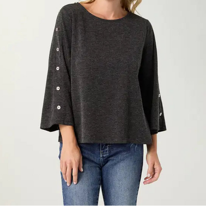 Charcoal 3/4 Sleeve Top w/Button Detail