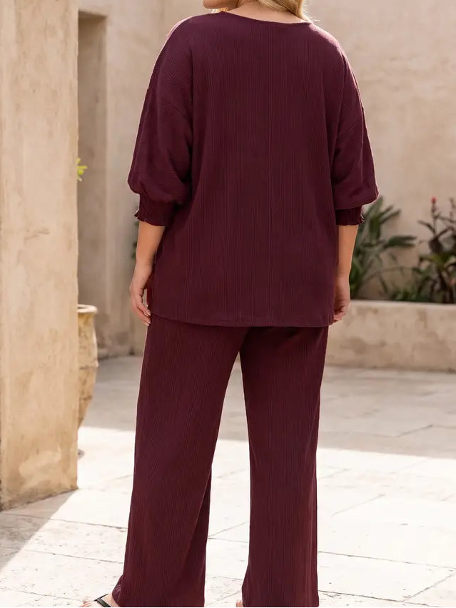 Burgundy Plus Smock Sleeve 2 Piece Set