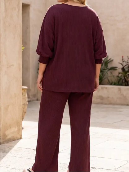 Burgundy Plus Smock Sleeve 2 Piece Set