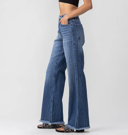 High Rise Fray Wide Leg Dark Denim  3