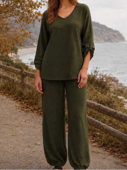 Olive Green V-Neck Jogger Set
