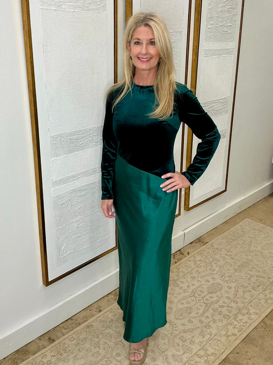 Green Velvet Satin Maxi Dress