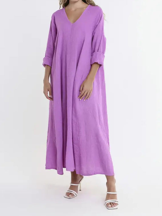 3/4 Sleeve Purple Linen Dress