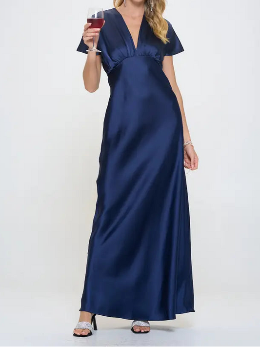 Navy Satin V-Neck Dress