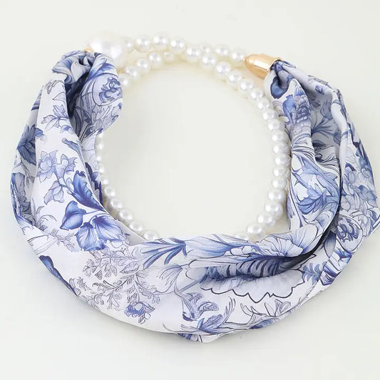 Blue Floral Pearl Scarf Necklace