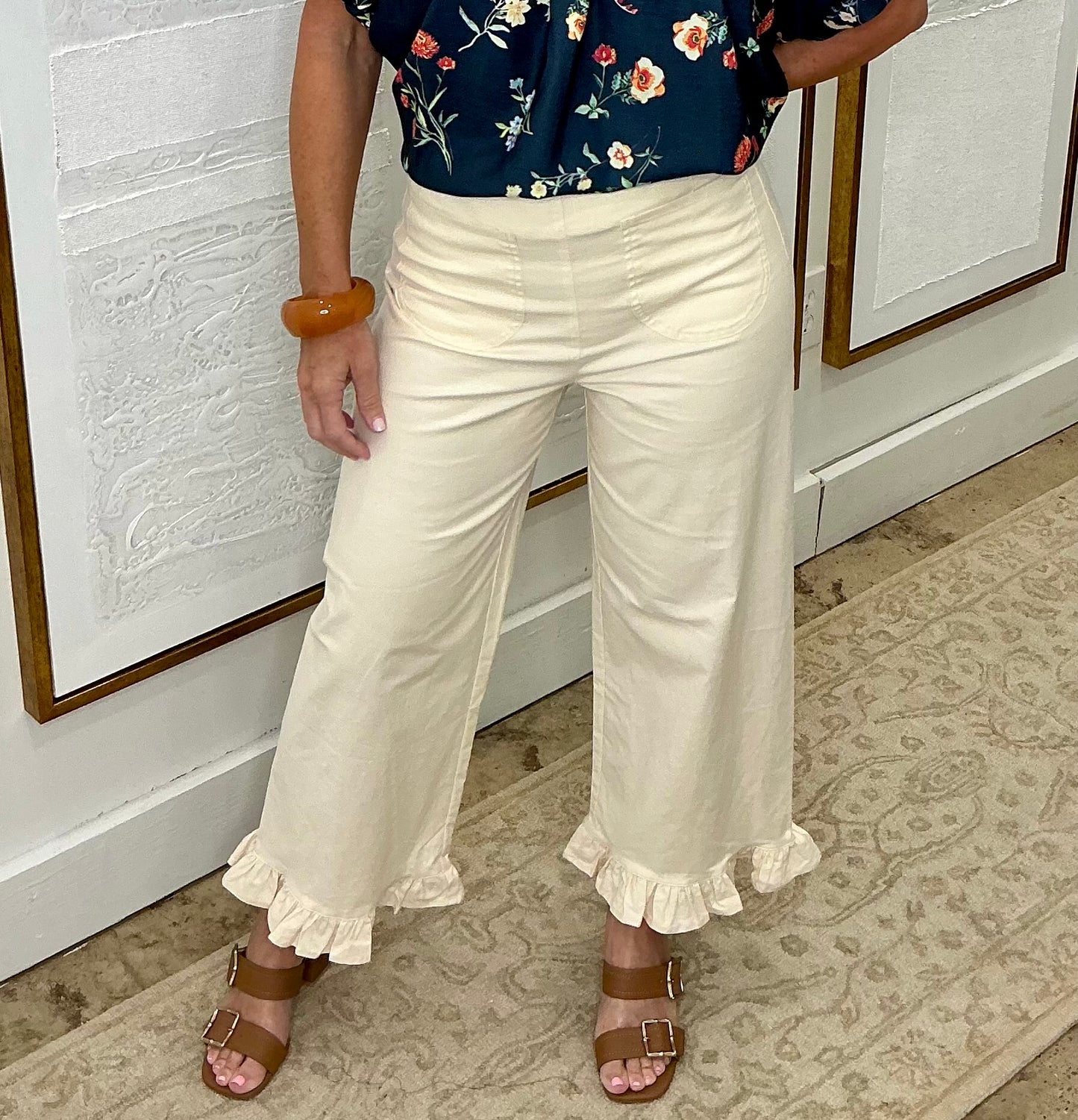 Cream Ruffle Hem Pants