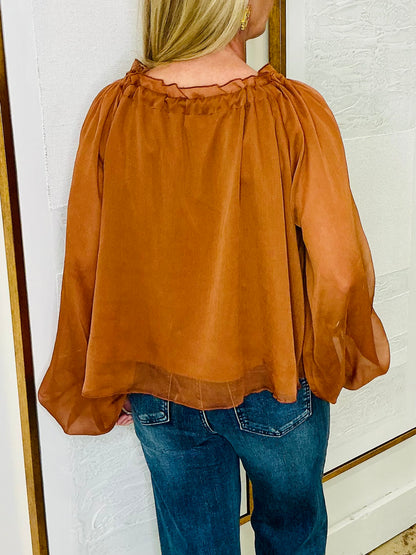 Ruffled Neck Peasant Lined Blouse