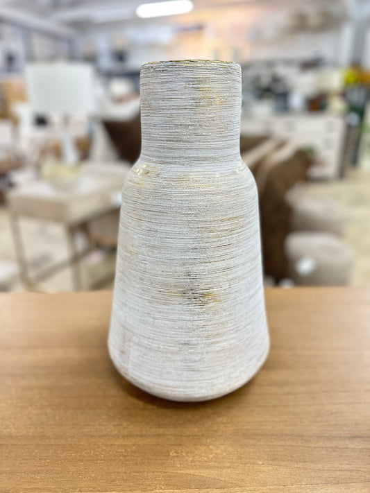 Large Gold & White Striated Vase 8.5” x 15.5”