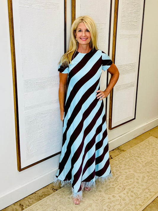 Blue Stripe Dress w/Feather Detail