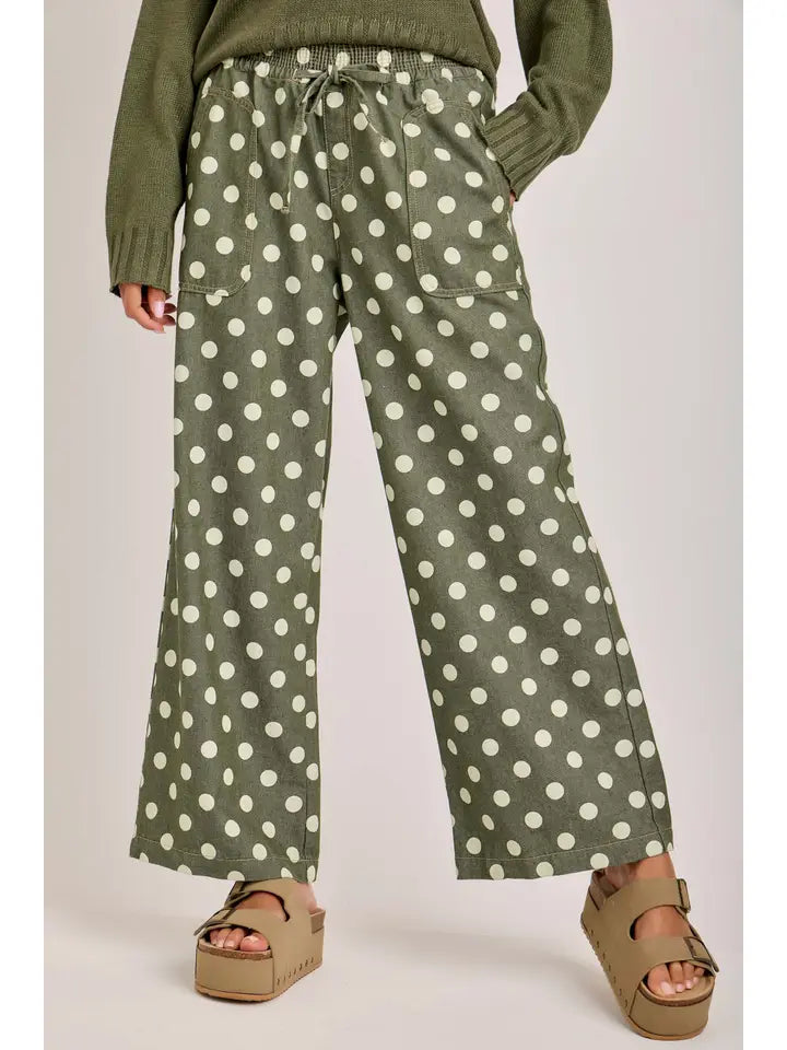 Soft Polka Dot Drawstring Pants Olive