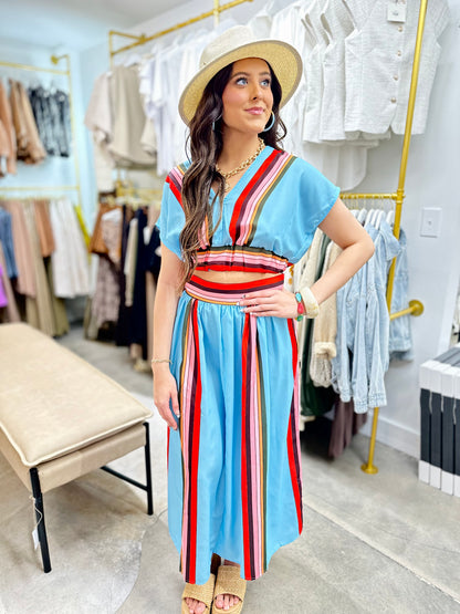 Blue & Red V-Neck Skirt Set