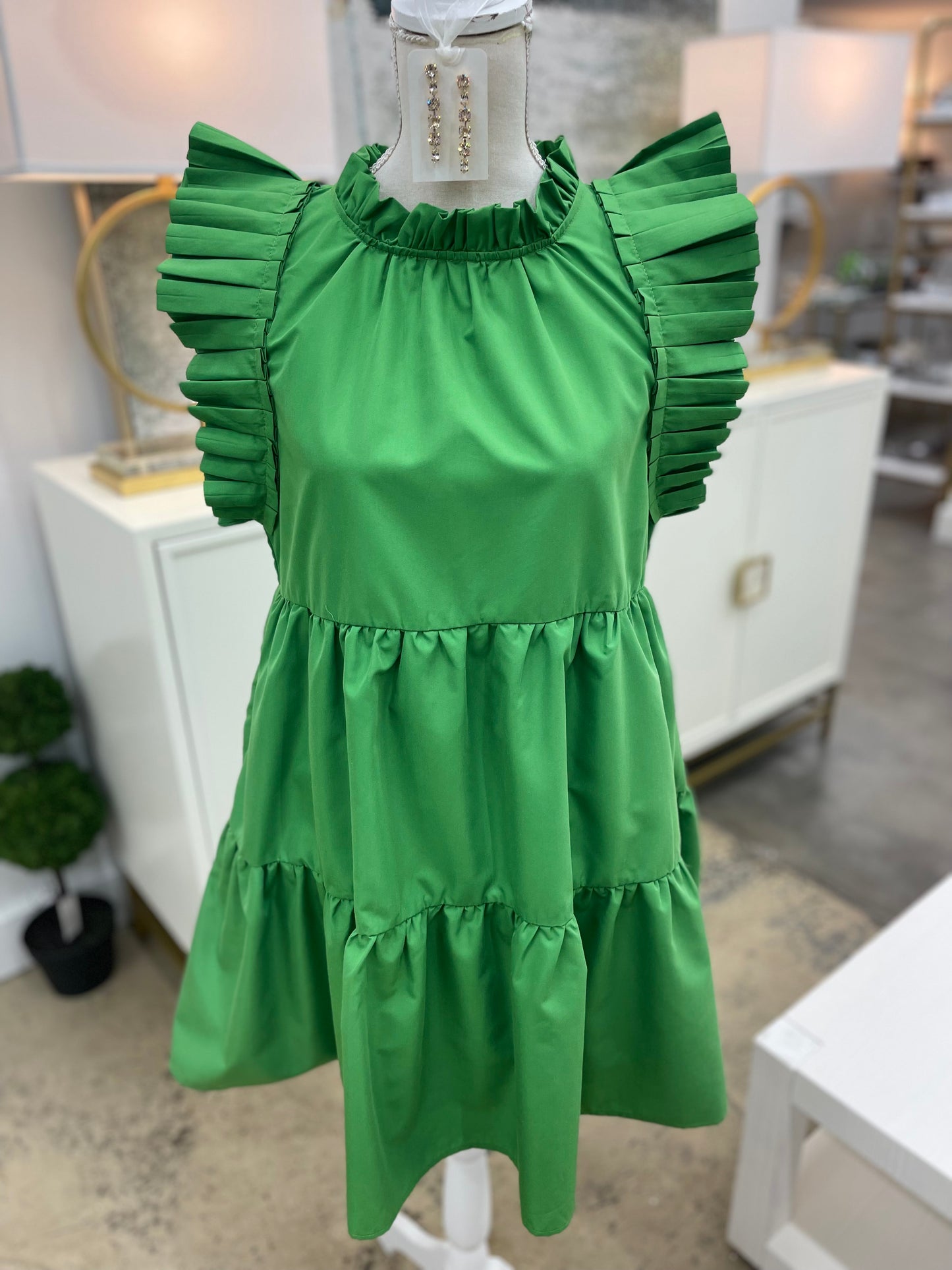 Green Pleated Sleeve Dress
