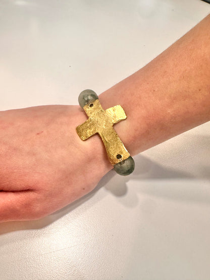 Gold Cross & Blue Glass Bracelet
