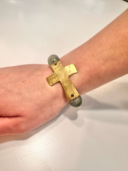 Gold Cross & Blue Glass Bracelet