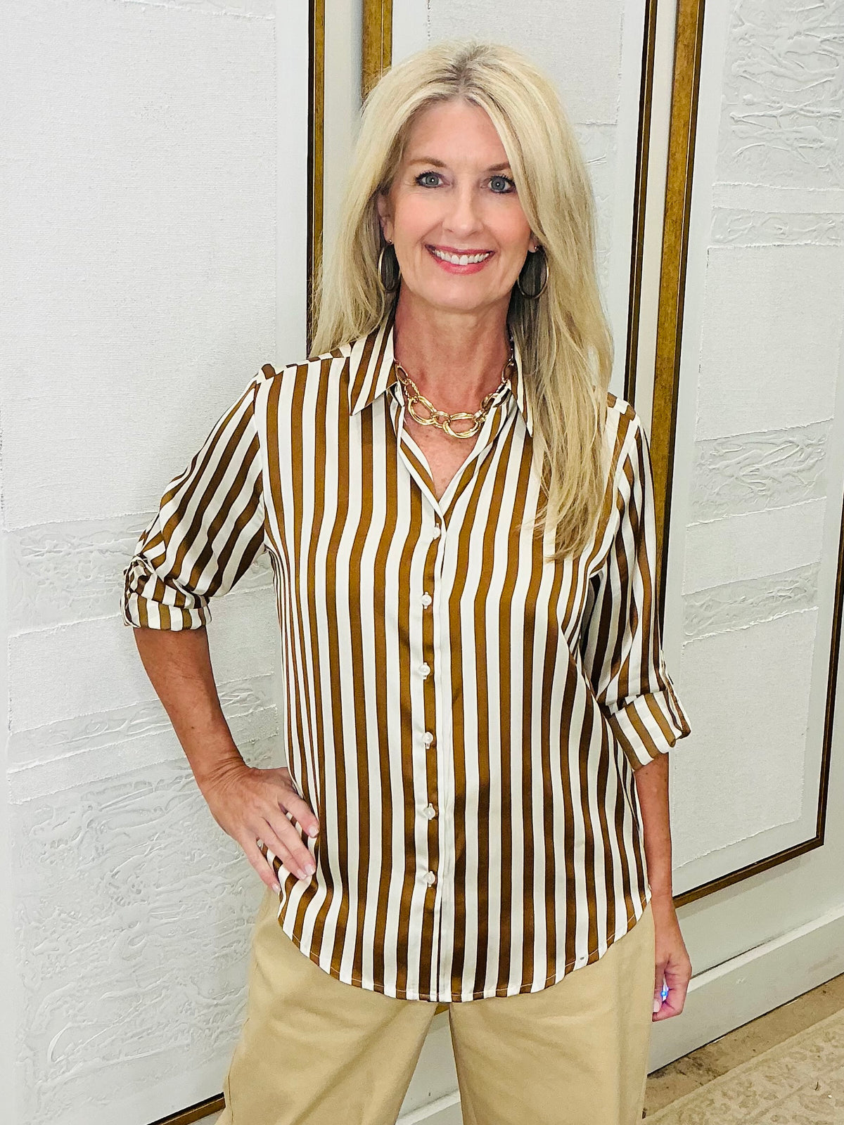 Striped Button-Up Top Coffee