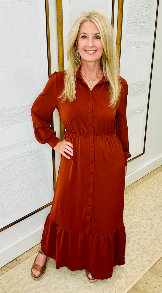 Rust Long Sleeve Tiered Maxi Dress