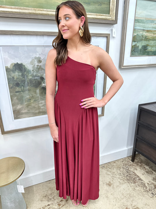 Burgundy One Shoulder Maxi Dress