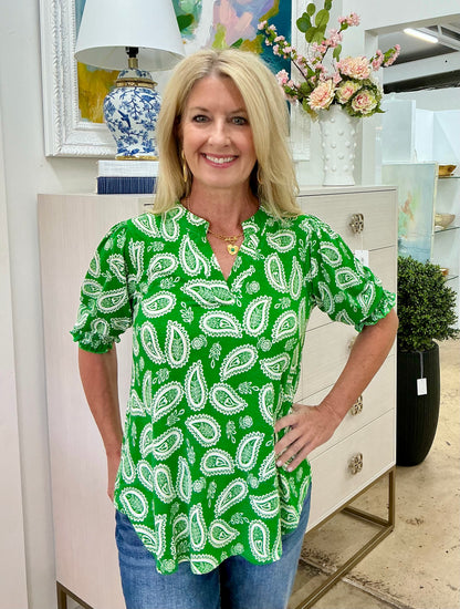 Green Smocked 3/4 Sleeve Top