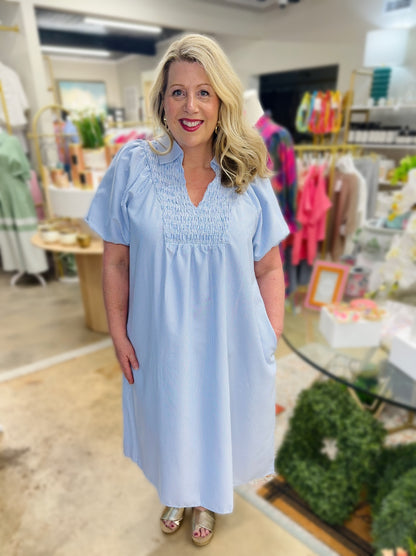 Blue Plus Size V-Neck Midi Dress