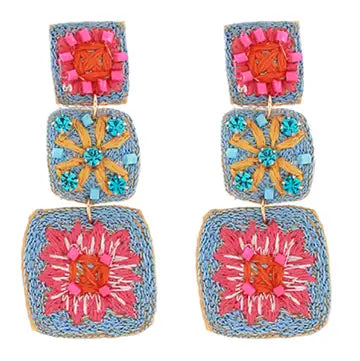 Blue & Red Embroidered Dangle Earrings