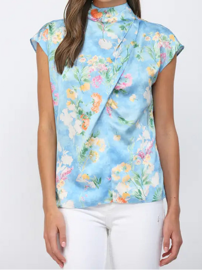 Blue Satin Floral Top