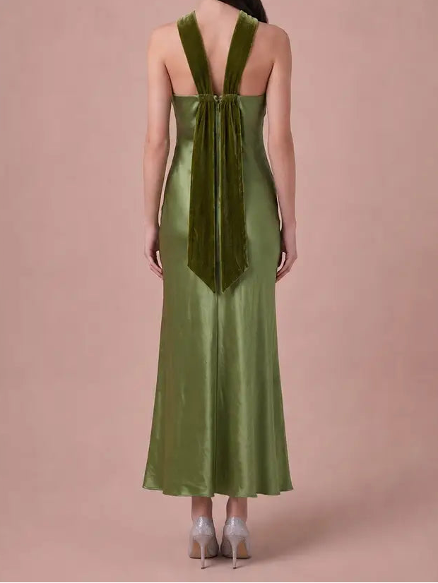 Green Satin Dress w/Velvet Scarf