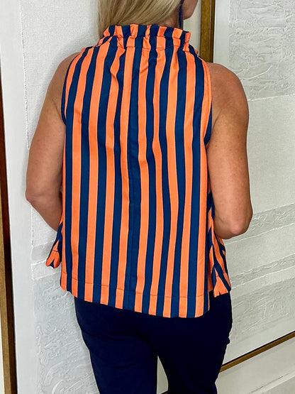 Ruffle Neck Sleeveless Stripe Top