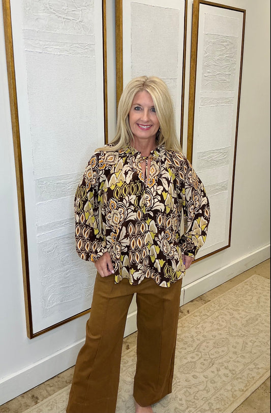 Brown Botanical Ruffle Neck Top