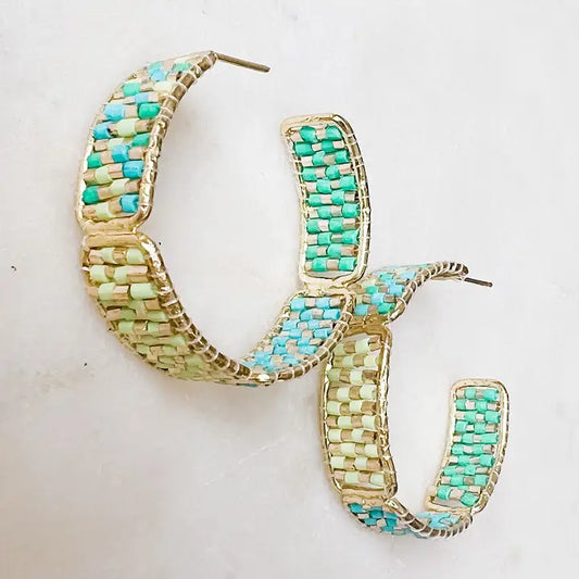 Green Beaded Hoop Earrings