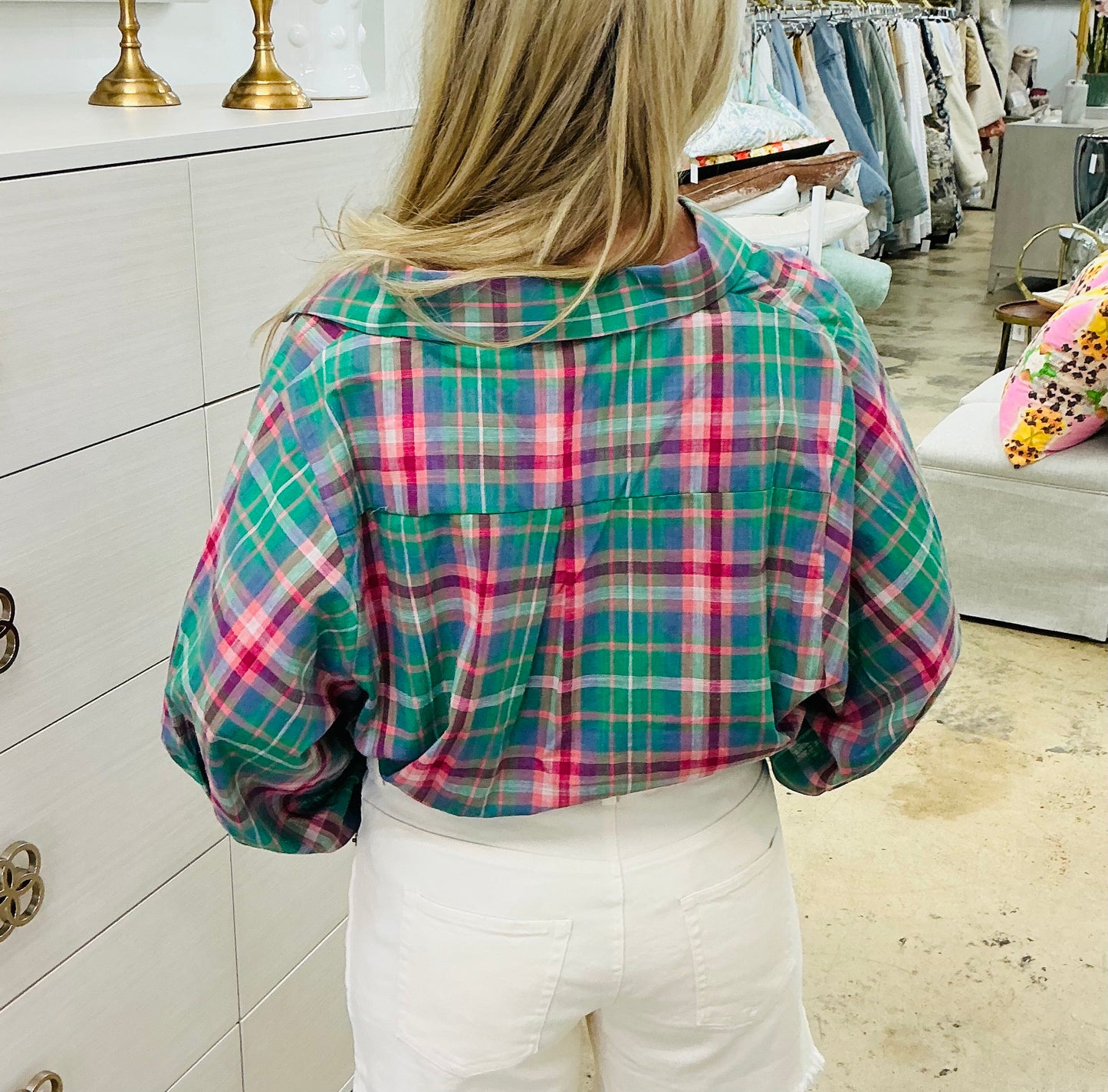 Green Plaid Button Up Top