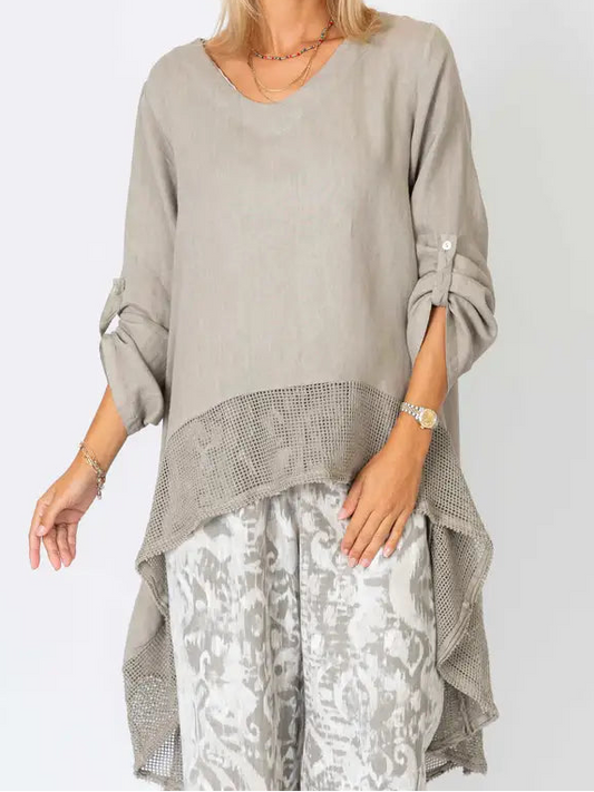 Taupe Linen Tunic Top w/Mesh Detail