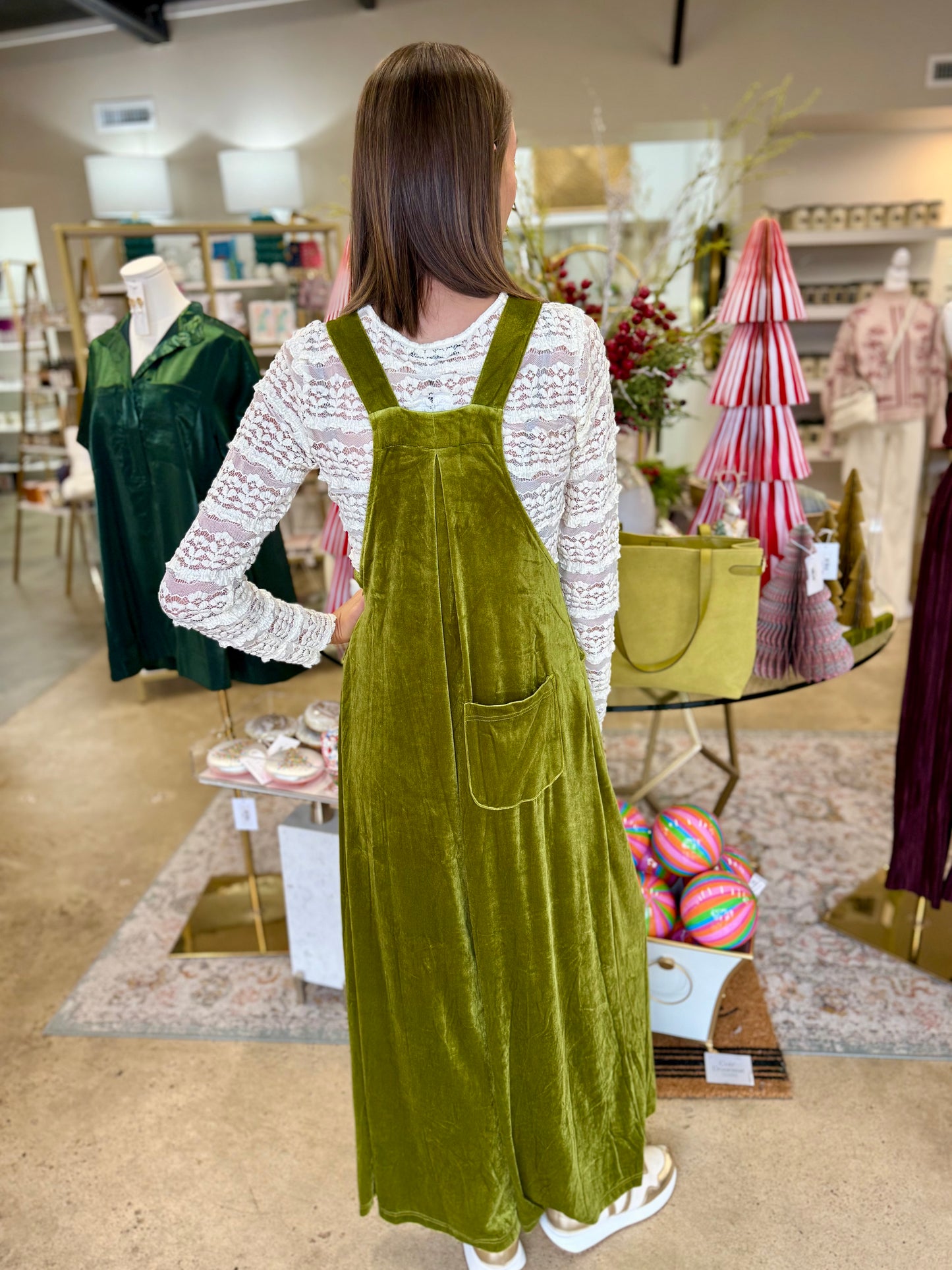 Green Velvet Wide Leg Overalls