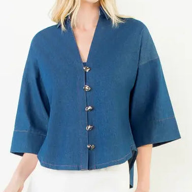 Denim Gold Button Detail Top