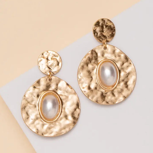 Gold Hammered Pearl Earrings