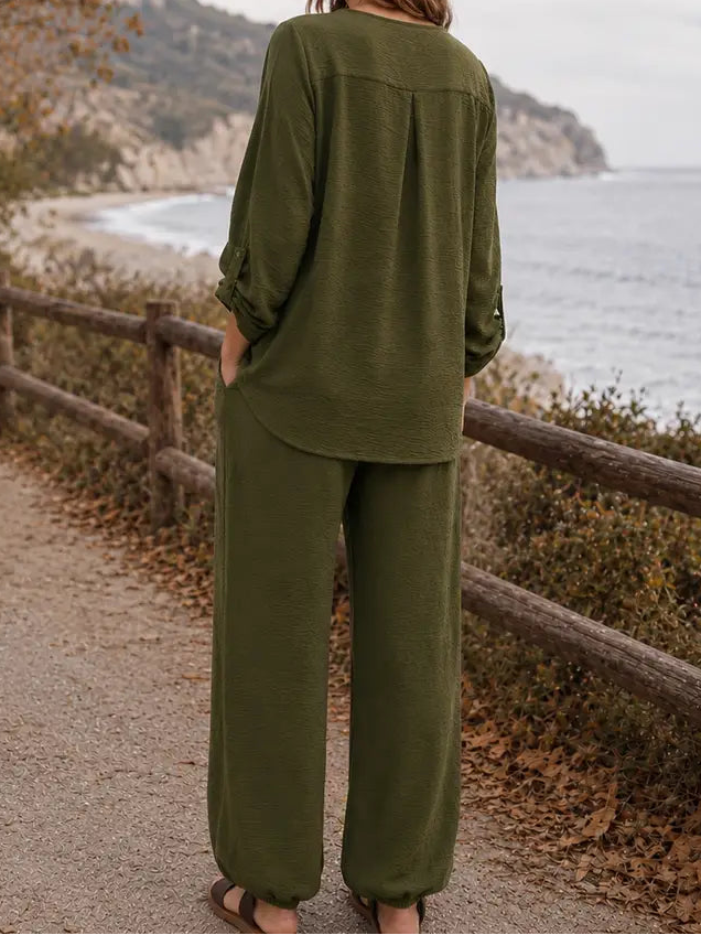 Olive Green V-Neck Jogger Set