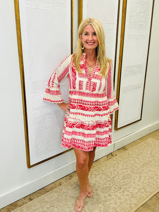 Embroidered 3/4 Sleeve Mini Dress