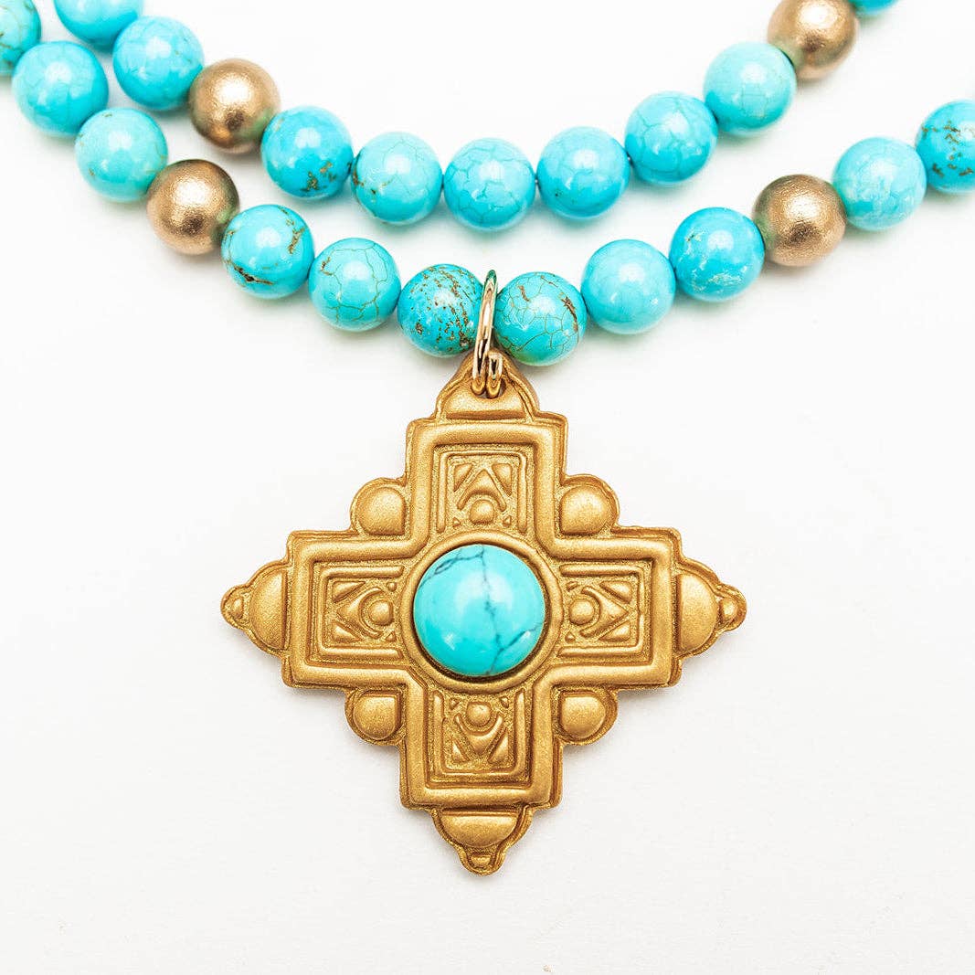 18" Double Strand Turquoise Jade with Ellie Cross