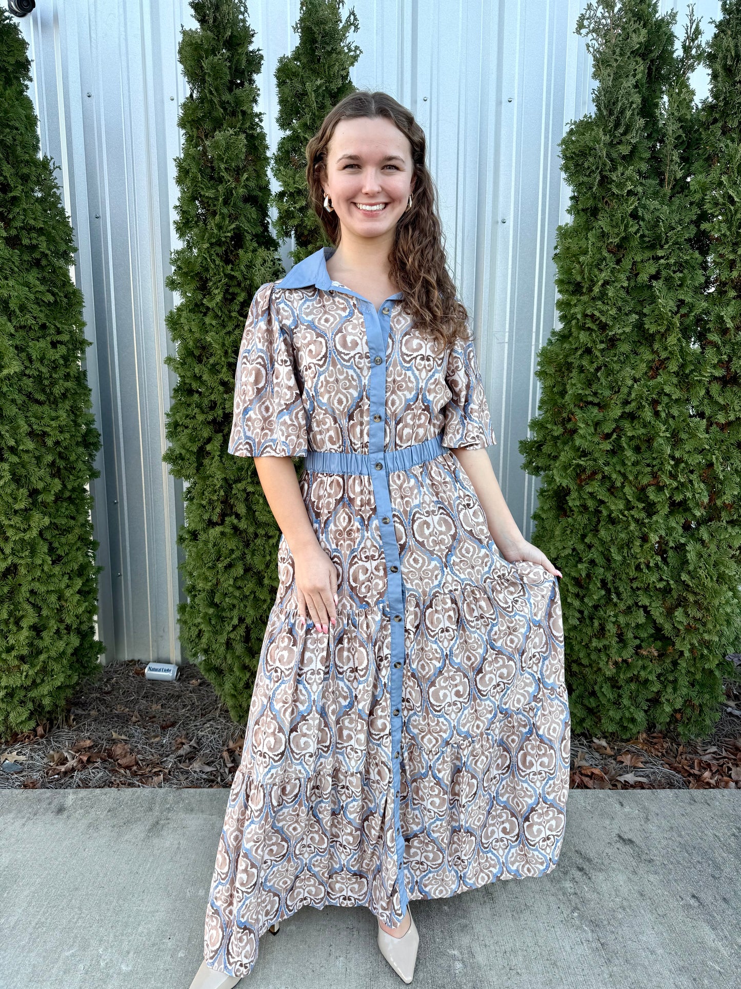 Blue & Toupe Patterned Maxi Dress