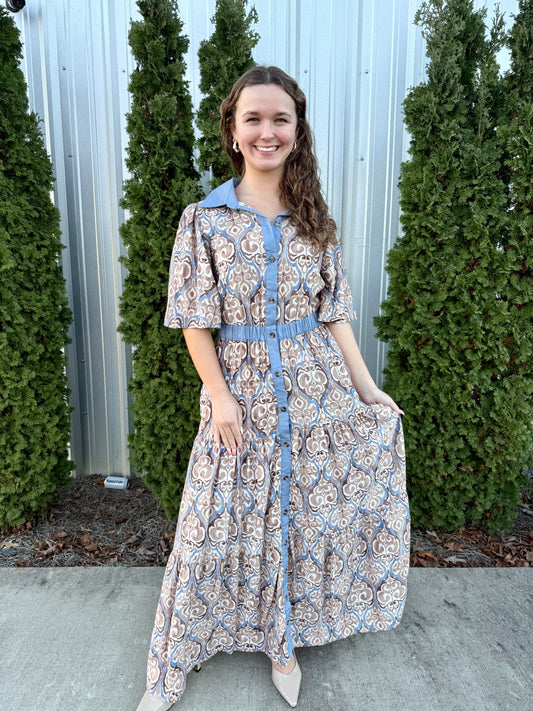 Blue & Toupe Patterned Maxi Dress